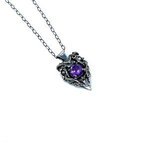 Handmade Fine Silver & Natural Amethyst Pendant - Fantasy-Inspired, Oxidized Ant